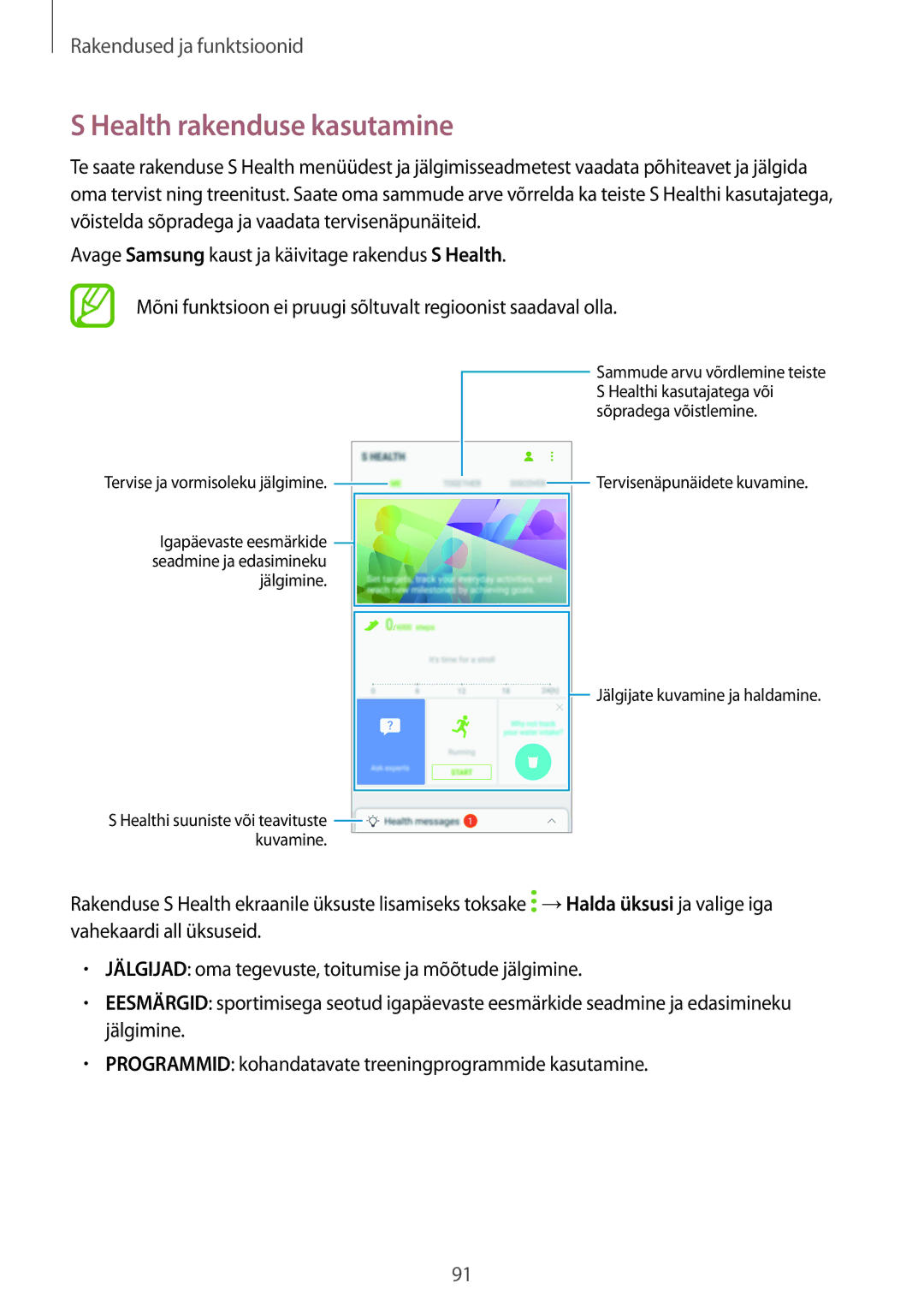 Samsung SM-A320FZKNSEB, SM-A520FZIASEB, SM-A320FZINSEB, SM-A520FZDASEB, SM-A320FZDNSEB manual Health rakenduse kasutamine 