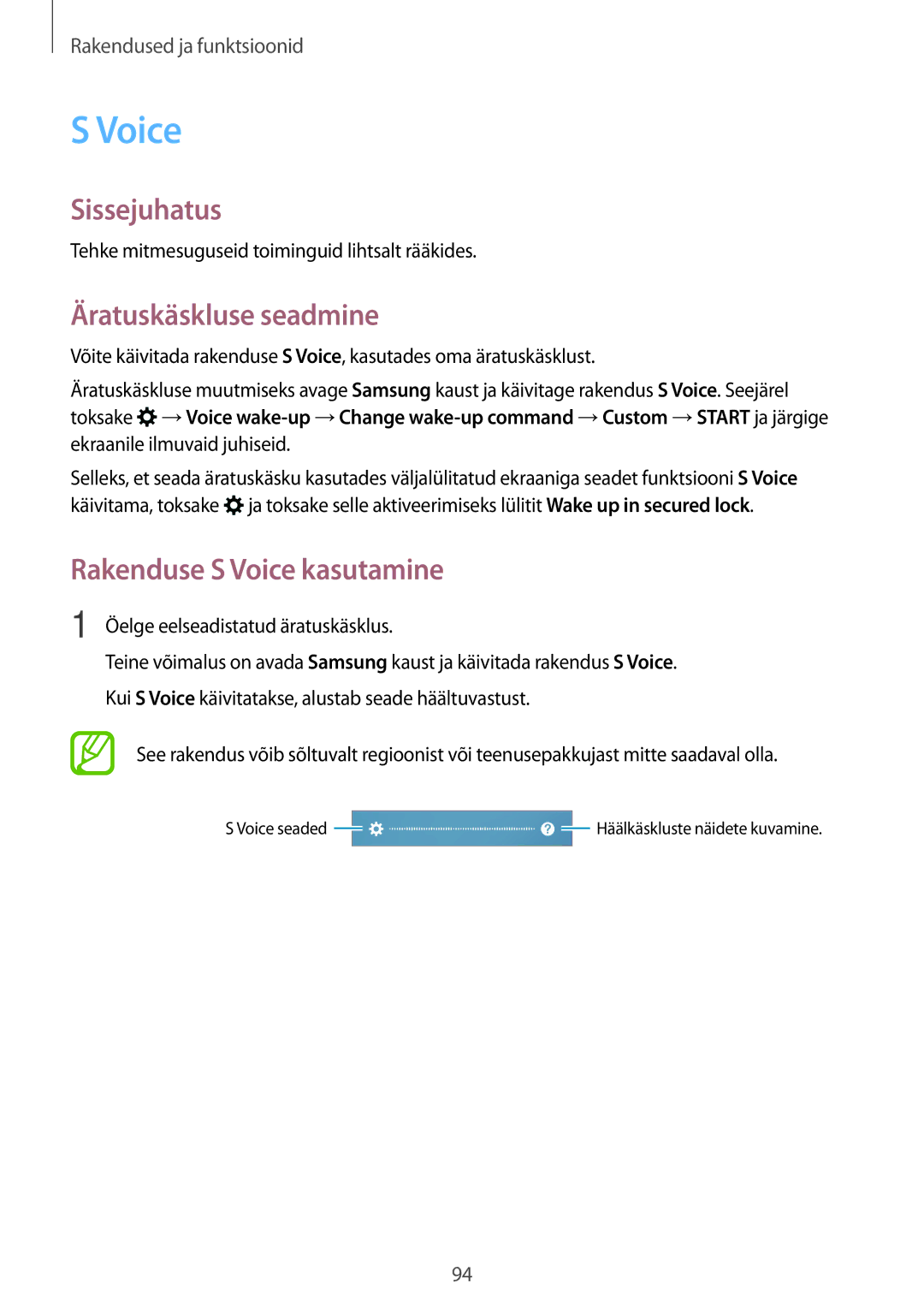 Samsung SM-A320FZDNSEB manual Äratuskäskluse seadmine, Rakenduse S Voice kasutamine, Öelge eelseadistatud äratuskäsklus 