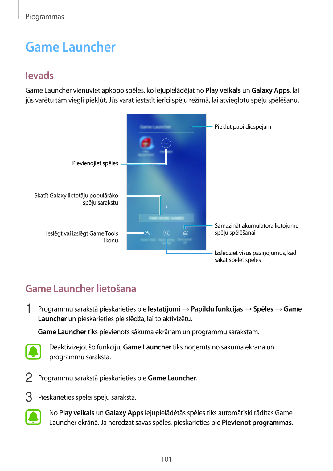 Samsung SM-A520FZKASEB, SM-A520FZIASEB, SM-A520FZDASEB manual Game Launcher lietošana 