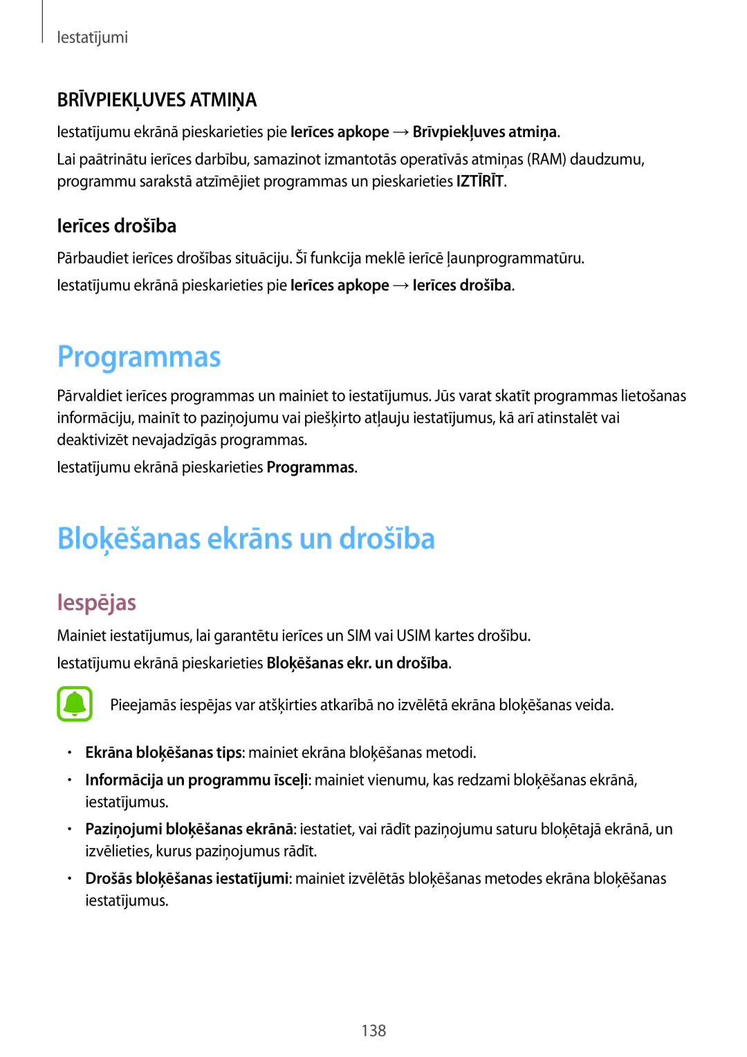 Samsung SM-A520FZIASEB, SM-A520FZDASEB, SM-A520FZKASEB manual Programmas, Bloķēšanas ekrāns un drošība, Ierīces drošība 