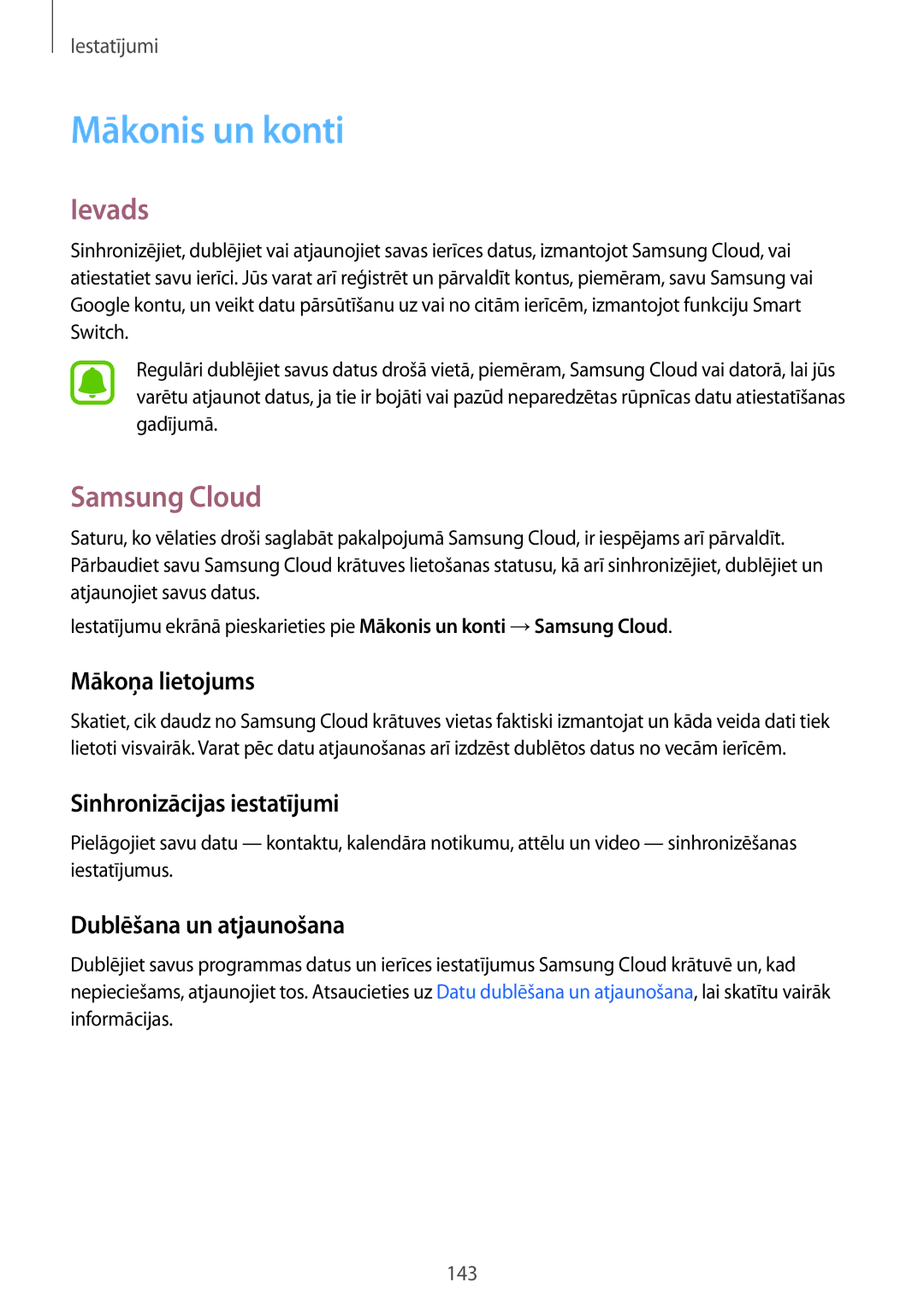 Samsung SM-A520FZKASEB, SM-A520FZIASEB manual Mākonis un konti, Samsung Cloud, Mākoņa lietojums, Sinhronizācijas iestatījumi 