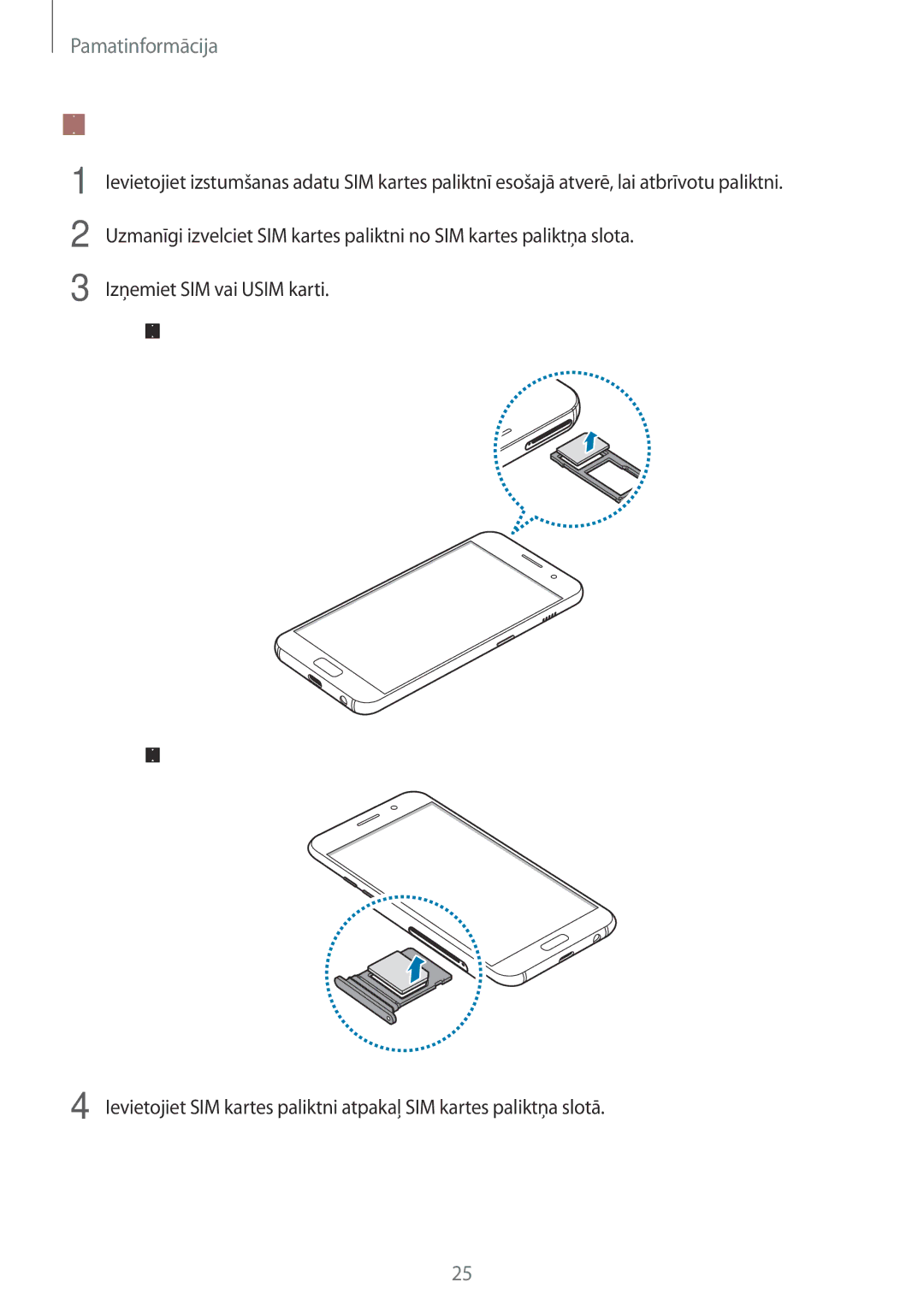 Samsung SM-A520FZDASEB, SM-A520FZIASEB, SM-A520FZKASEB manual SIM vai Usim kartes izņemšana, Izņemiet SIM vai Usim karti 