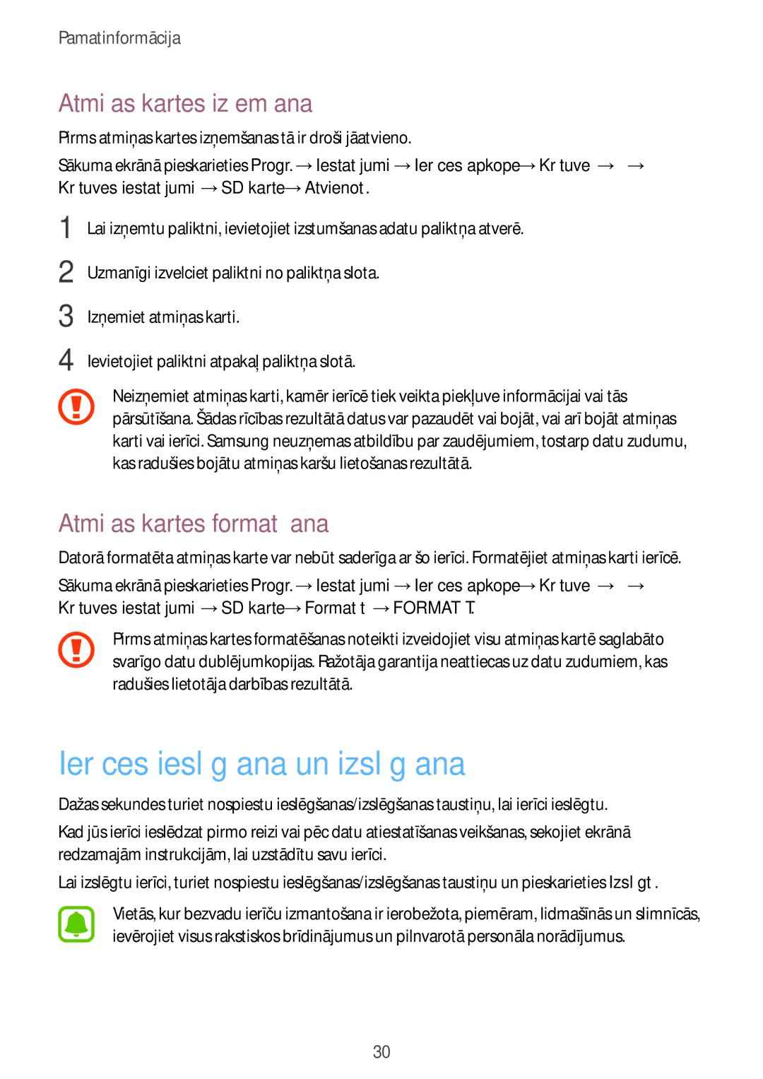 Samsung SM-A520FZIASEB manual Ierīces ieslēgšana un izslēgšana, Atmiņas kartes izņemšana, Atmiņas kartes formatēšana 