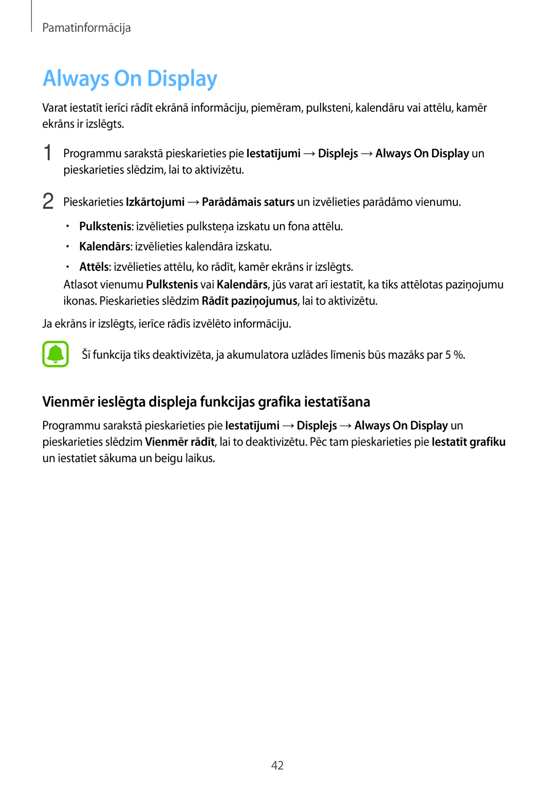 Samsung SM-A520FZIASEB, SM-A520FZDASEB manual Always On Display, Vienmēr ieslēgta displeja funkcijas grafika iestatīšana 