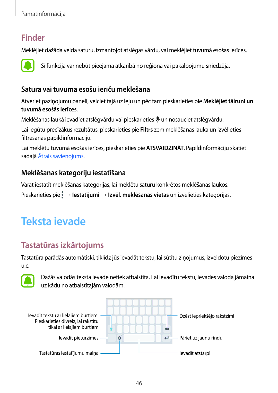 Samsung SM-A520FZDASEB manual Teksta ievade, Finder, Tastatūras izkārtojums, Satura vai tuvumā esošu ierīču meklēšana 