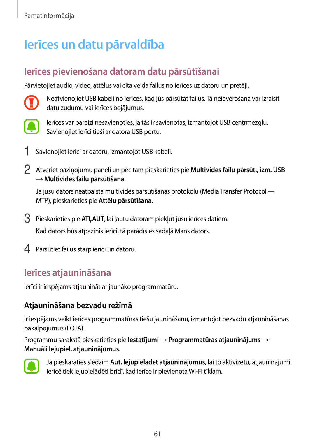 Samsung SM-A520FZDASEB Ierīces un datu pārvaldība, Ierīces pievienošana datoram datu pārsūtīšanai, Ierīces atjaunināšana 