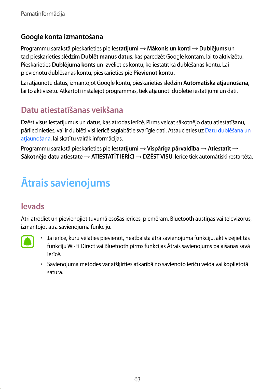 Samsung SM-A520FZIASEB, SM-A520FZDASEB manual Ātrais savienojums, Datu atiestatīšanas veikšana, Google konta izmantošana 