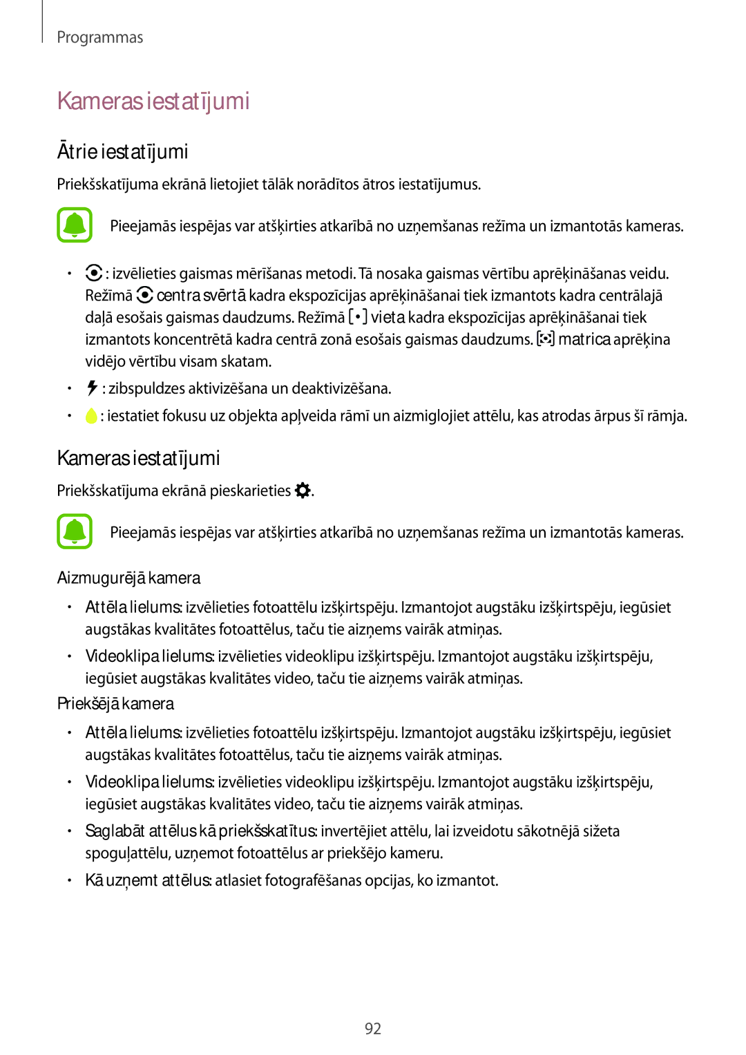 Samsung SM-A520FZKASEB, SM-A520FZIASEB manual Kameras iestatījumi, Ātrie iestatījumi, Aizmugurējā kamera, Priekšējā kamera 