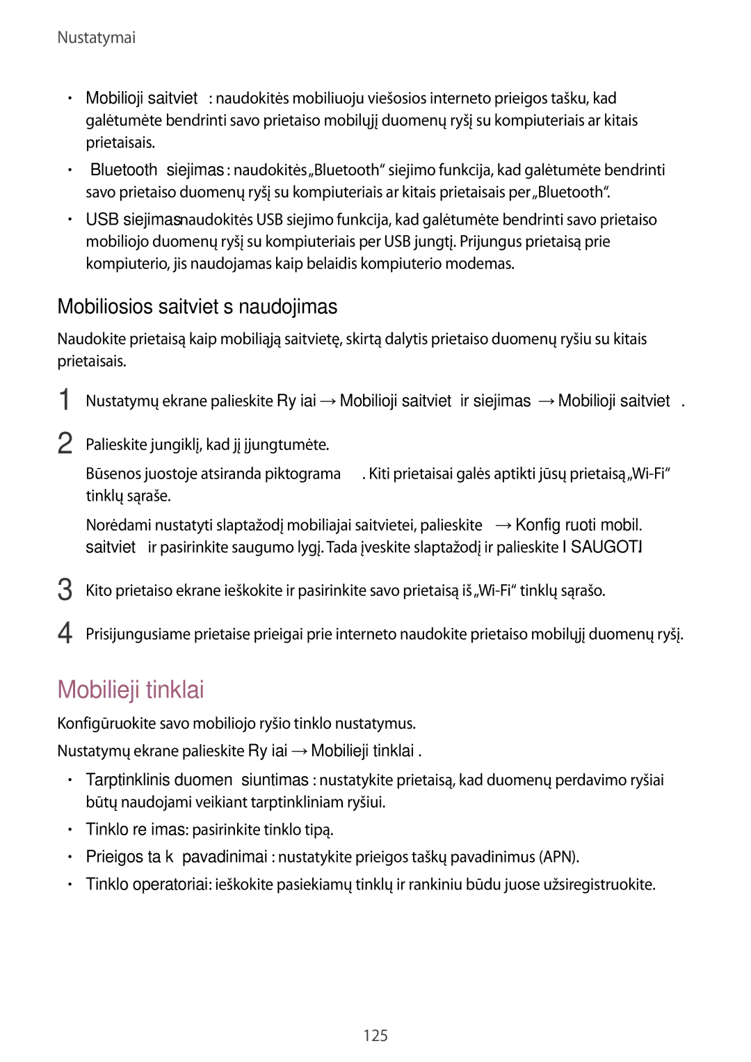 Samsung SM-A520FZKASEB, SM-A520FZIASEB, SM-A520FZDASEB manual Mobilieji tinklai, Mobiliosios saitvietės naudojimas 