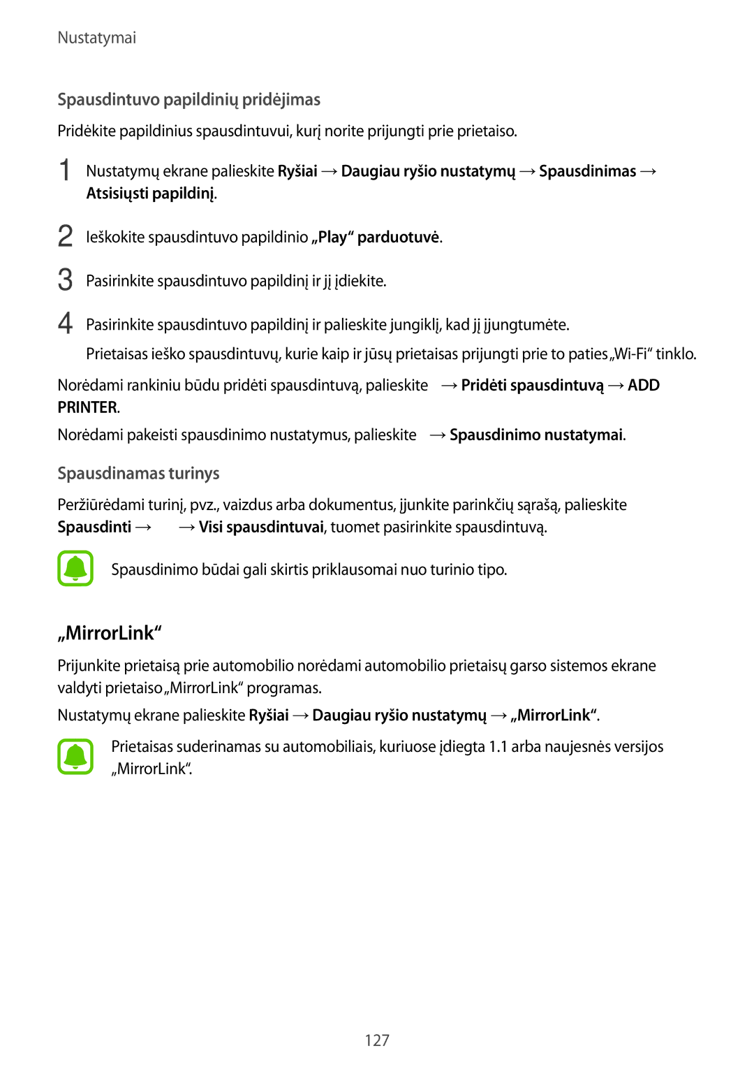 Samsung SM-A520FZDASEB, SM-A520FZIASEB, SM-A520FZKASEB manual „MirrorLink, Atsisiųsti papildinį, →Spausdinimo nustatymai 