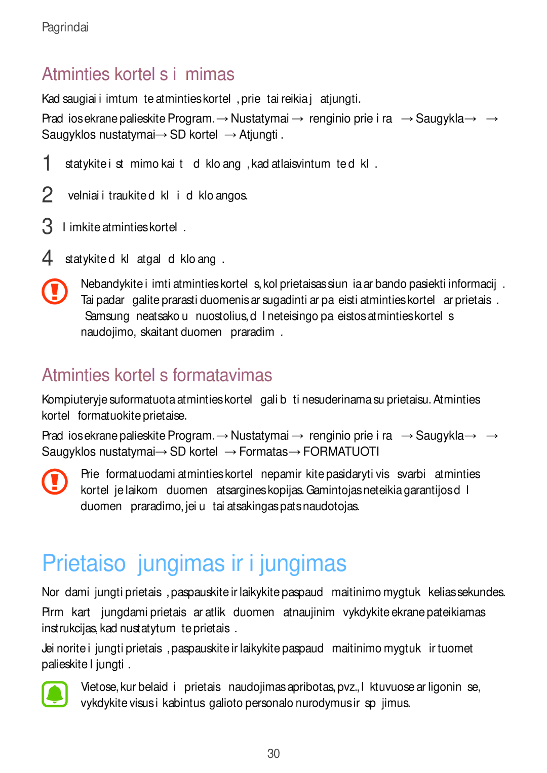 Samsung SM-A520FZIASEB Prietaiso įjungimas ir išjungimas, Atminties kortelės išėmimas, Atminties kortelės formatavimas 