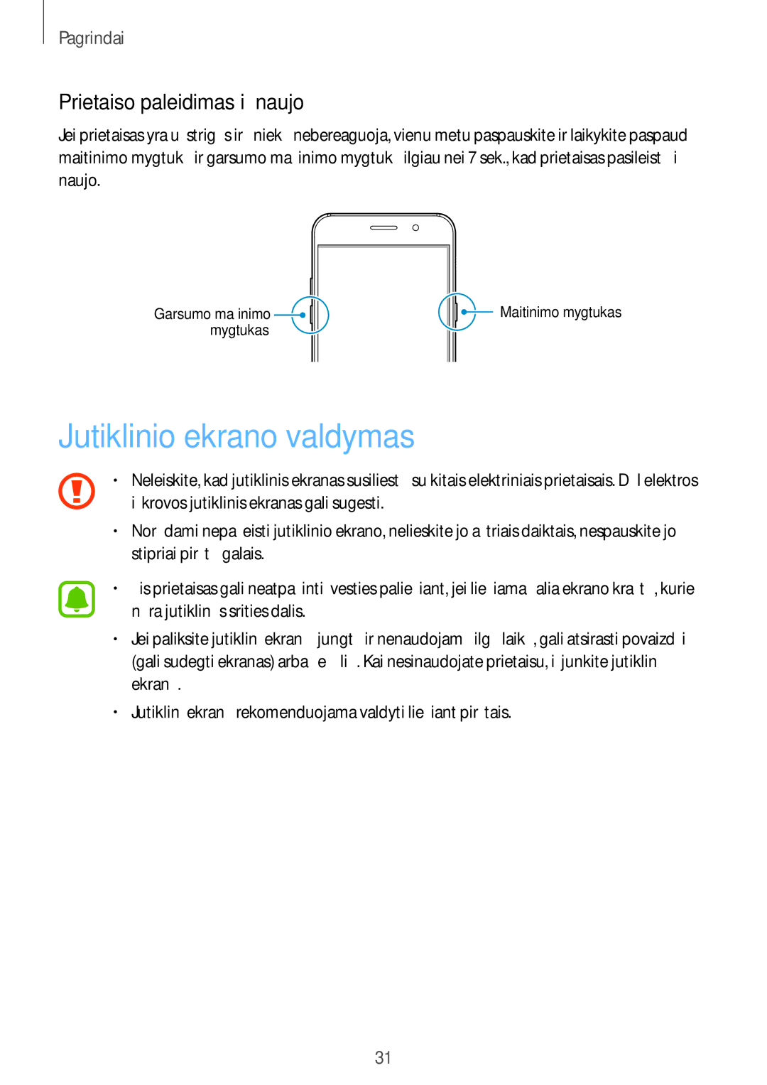 Samsung SM-A520FZDASEB, SM-A520FZIASEB, SM-A520FZKASEB manual Jutiklinio ekrano valdymas, Prietaiso paleidimas iš naujo 