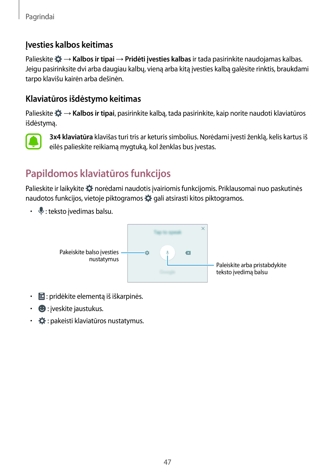 Samsung SM-A520FZKASEB manual Papildomos klaviatūros funkcijos, Įvesties kalbos keitimas, Klaviatūros išdėstymo keitimas 