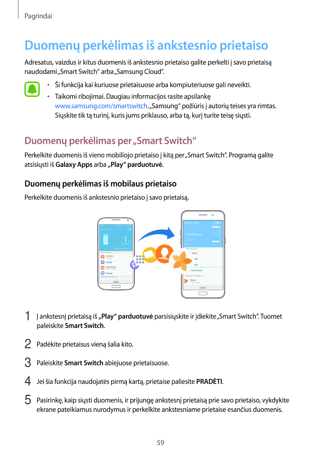 Samsung SM-A520FZKASEB, SM-A520FZIASEB Duomenų perkėlimas iš ankstesnio prietaiso, Duomenų perkėlimas per„Smart Switch 