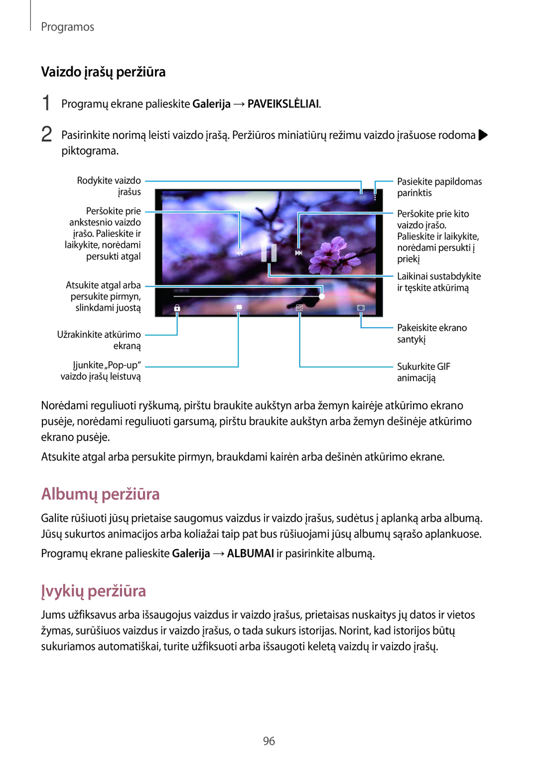 Samsung SM-A520FZIASEB, SM-A520FZDASEB, SM-A520FZKASEB manual Albumų peržiūra, Įvykių peržiūra, Vaizdo įrašų peržiūra 