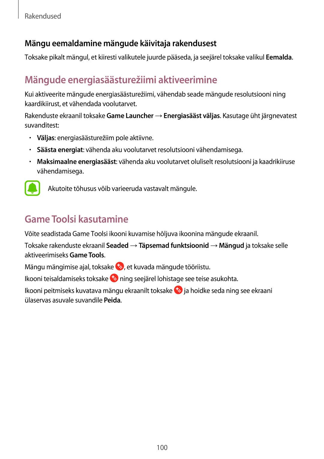 Samsung SM-A520FZDASEB, SM-A520FZIASEB, SM-A520FZKASEB Mängude energiasäästurežiimi aktiveerimine, Game Toolsi kasutamine 