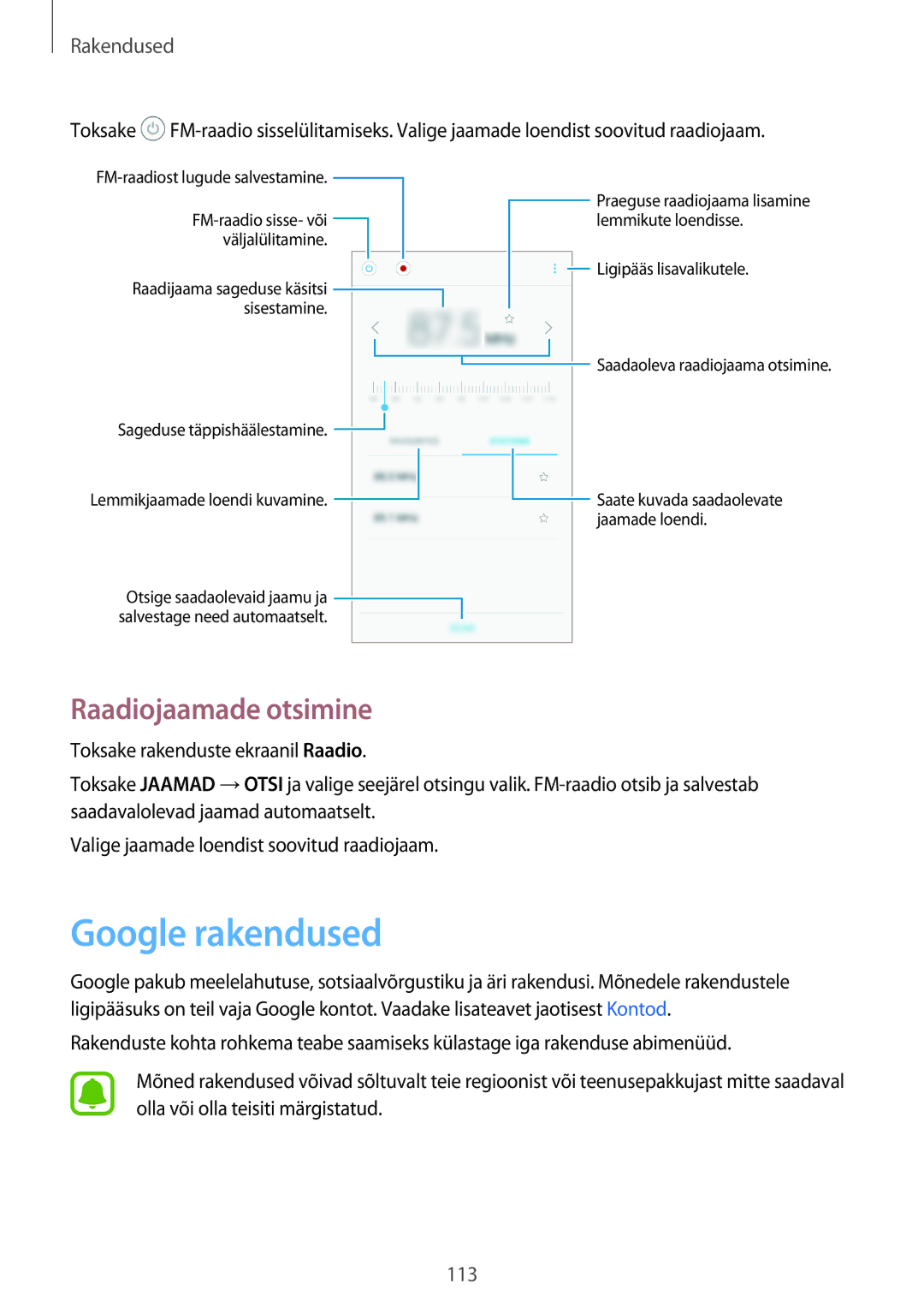 Samsung SM-A520FZKASEB, SM-A520FZIASEB, SM-A520FZDASEB manual Google rakendused, Raadiojaamade otsimine 