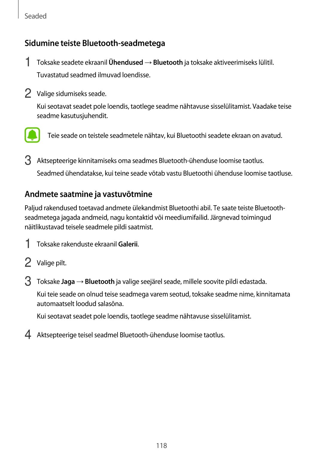 Samsung SM-A520FZDASEB, SM-A520FZIASEB manual Sidumine teiste Bluetooth-seadmetega, Andmete saatmine ja vastuvõtmine 