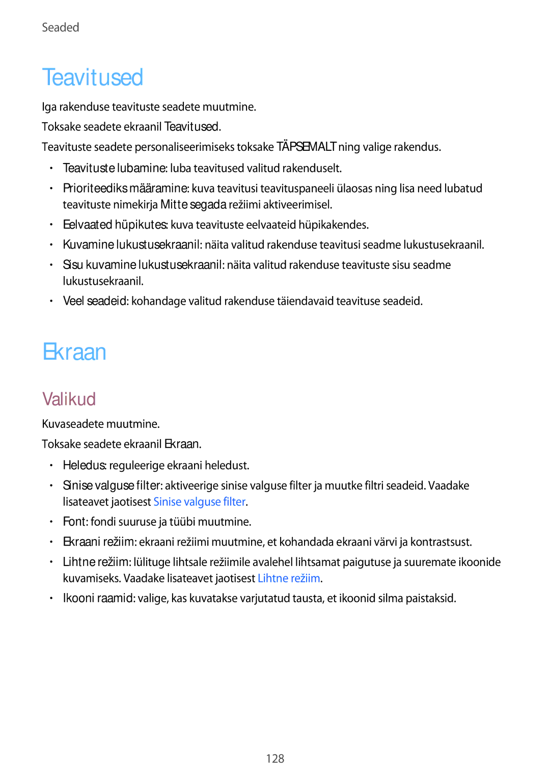 Samsung SM-A520FZKASEB, SM-A520FZIASEB, SM-A520FZDASEB manual Teavitused, Ekraan, Valikud 