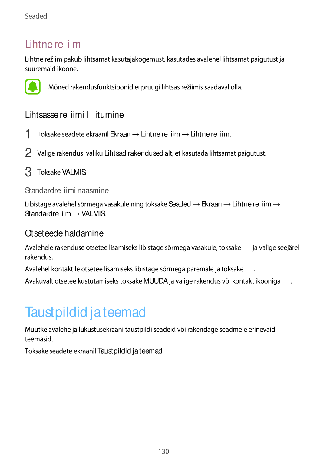 Samsung SM-A520FZDASEB manual Taustpildid ja teemad, Lihtne režiim, Lihtsasse režiimi lülitumine, Otseteede haldamine 