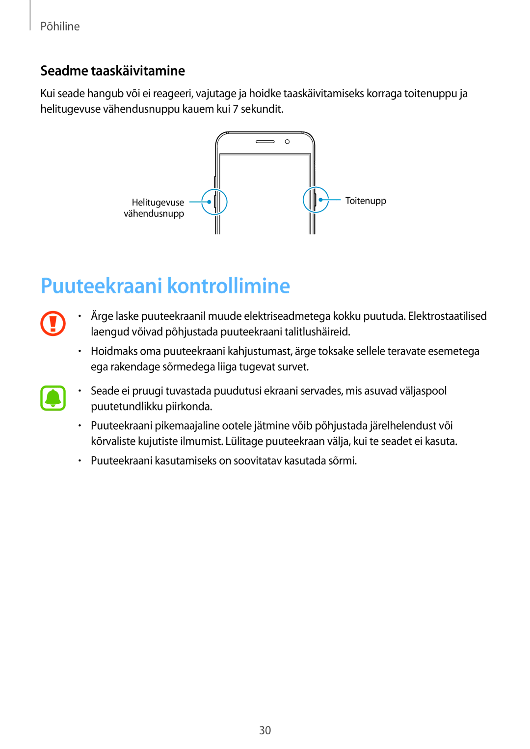 Samsung SM-A520FZIASEB, SM-A520FZDASEB, SM-A520FZKASEB manual Puuteekraani kontrollimine, Seadme taaskäivitamine 