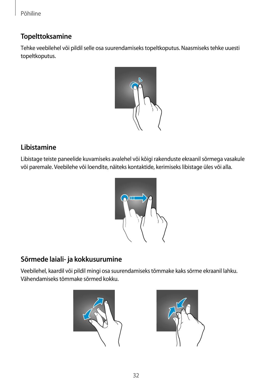 Samsung SM-A520FZKASEB, SM-A520FZIASEB, SM-A520FZDASEB manual Topelttoksamine, Libistamine, Sõrmede laiali- ja kokkusurumine 