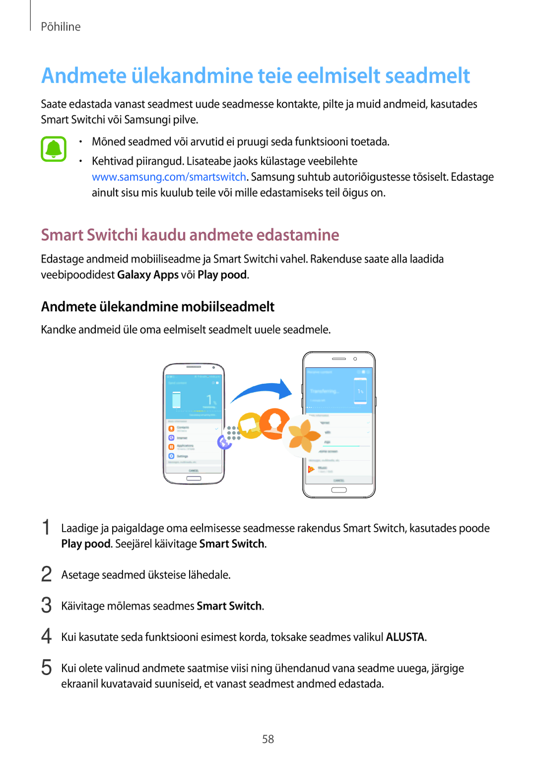 Samsung SM-A520FZDASEB, SM-A520FZIASEB manual Smart Switchi kaudu andmete edastamine, Andmete ülekandmine mobiilseadmelt 