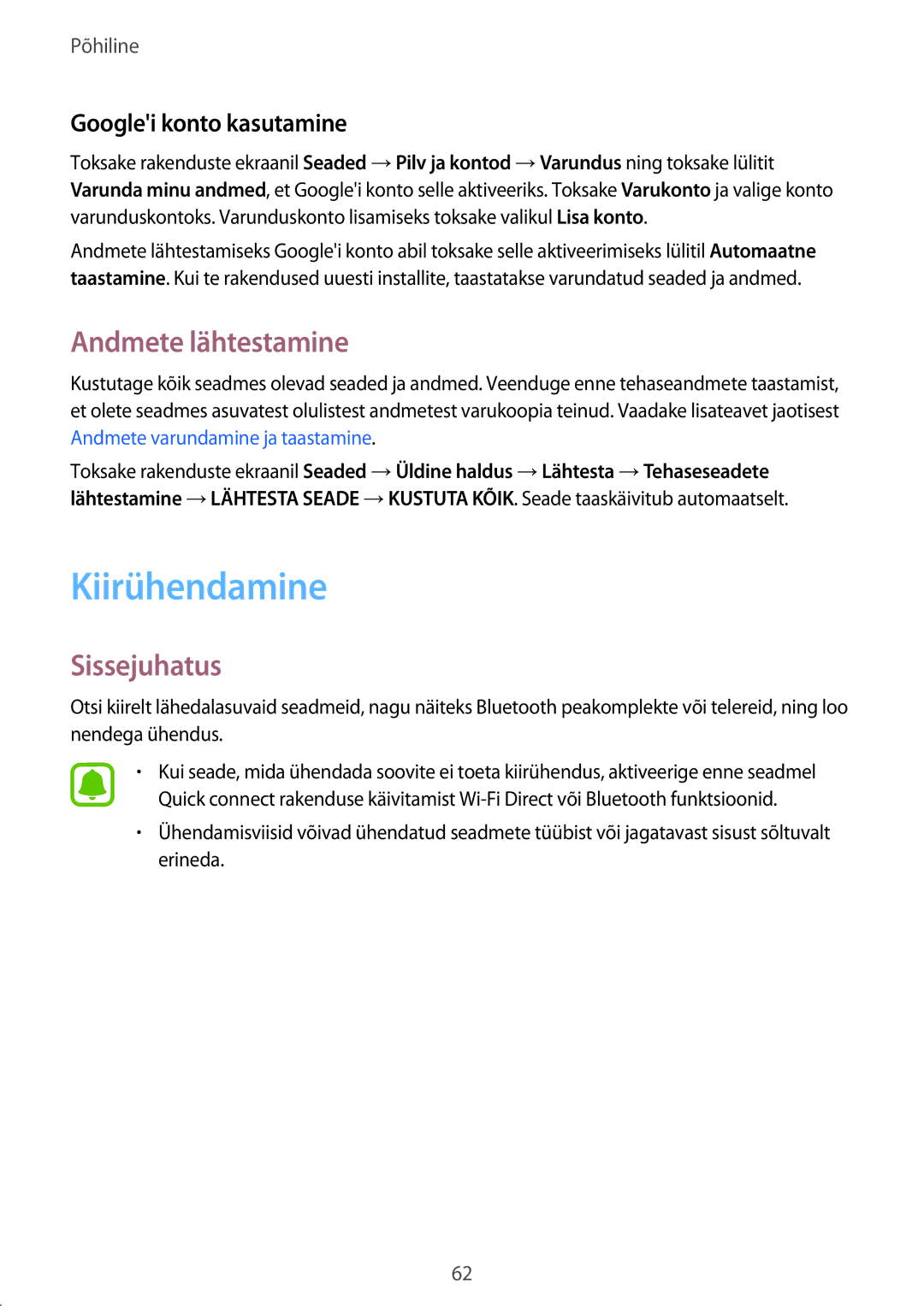 Samsung SM-A520FZKASEB, SM-A520FZIASEB, SM-A520FZDASEB manual Kiirühendamine, Andmete lähtestamine, Googlei konto kasutamine 