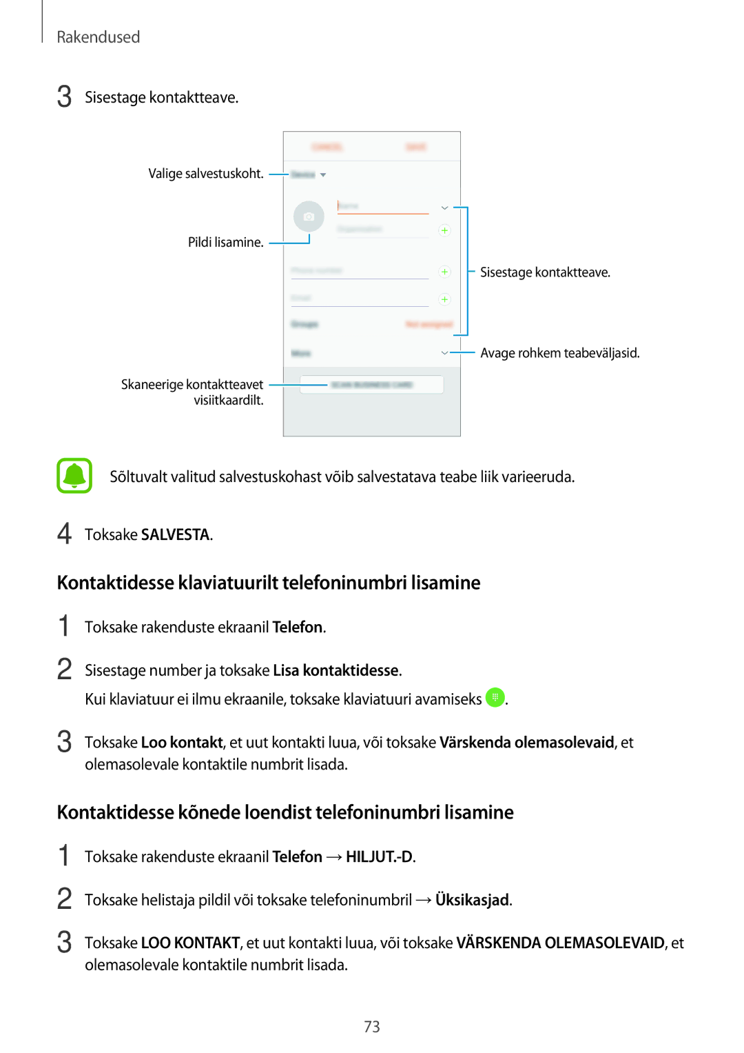 Samsung SM-A520FZDASEB, SM-A520FZIASEB, SM-A520FZKASEB manual Kontaktidesse klaviatuurilt telefoninumbri lisamine 