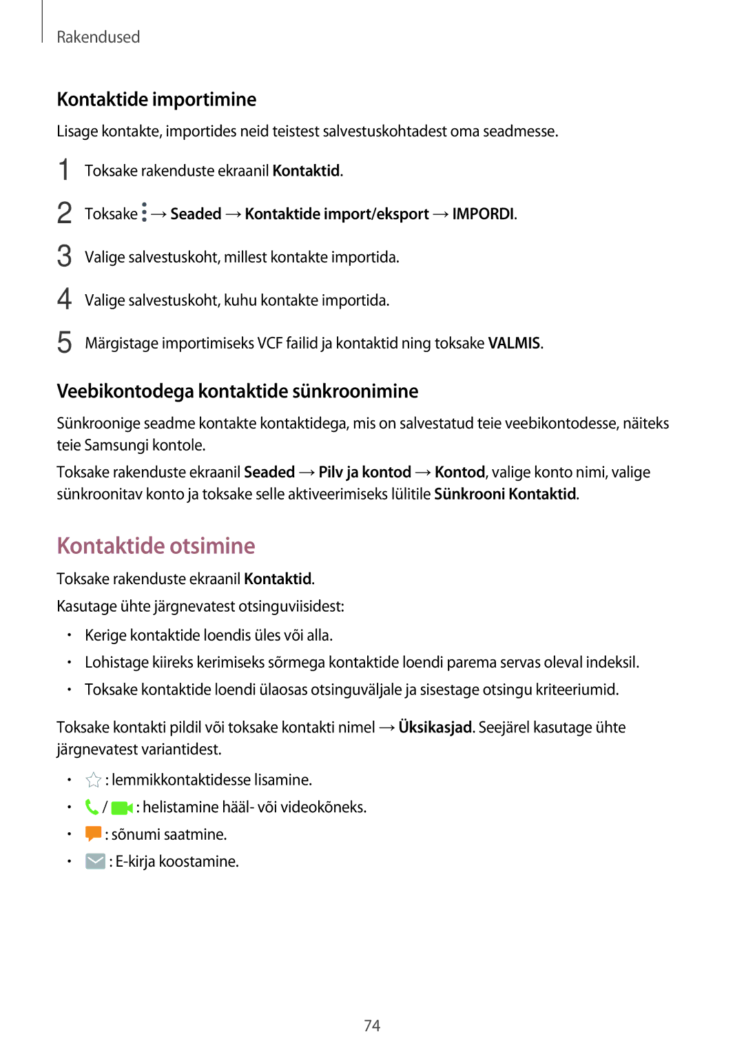 Samsung SM-A520FZKASEB manual Kontaktide otsimine, Kontaktide importimine, Veebikontodega kontaktide sünkroonimine 