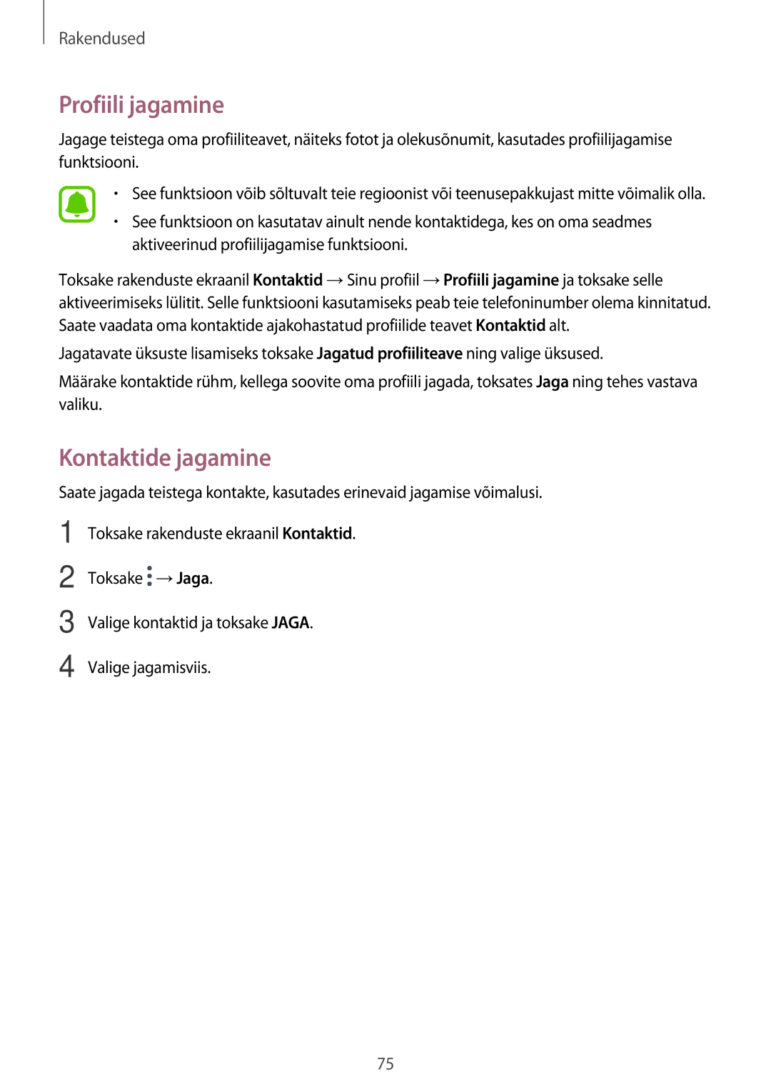 Samsung SM-A520FZIASEB, SM-A520FZDASEB, SM-A520FZKASEB manual Profiili jagamine, Kontaktide jagamine 