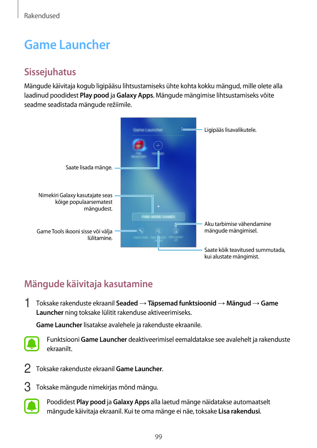 Samsung SM-A520FZIASEB, SM-A520FZDASEB, SM-A520FZKASEB manual Game Launcher, Mängude käivitaja kasutamine 