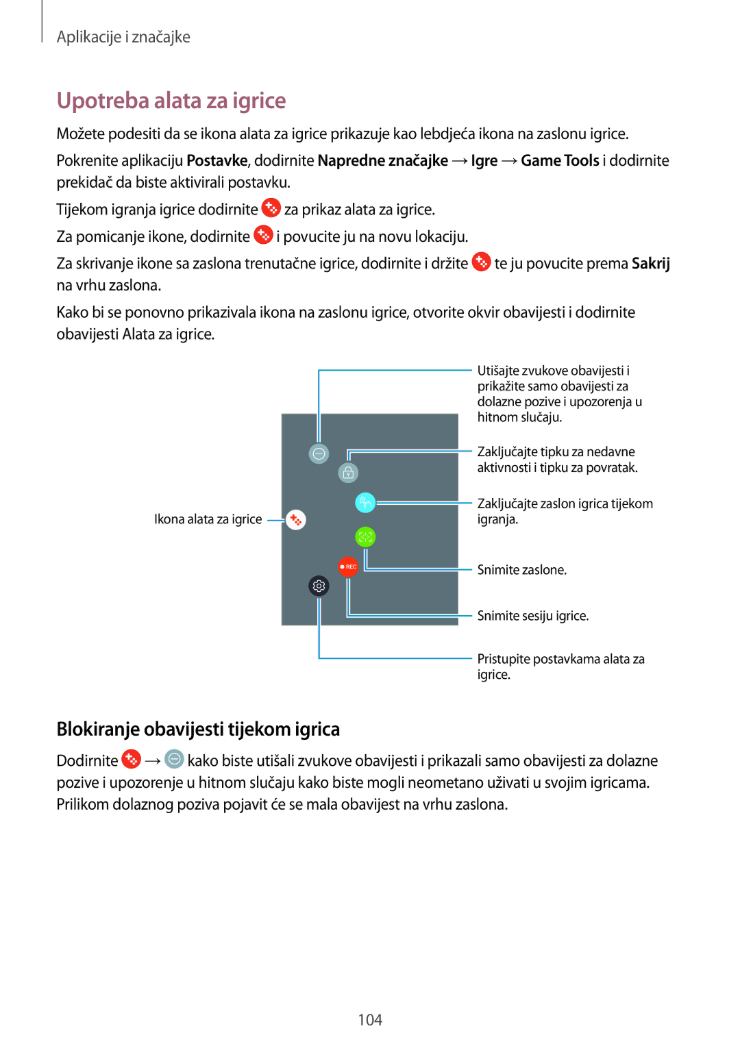 Samsung SM-A520FZKASEE, SM-A520FZIASEE, SM-A520FZBASEE manual Upotreba alata za igrice, Blokiranje obavijesti tijekom igrica 