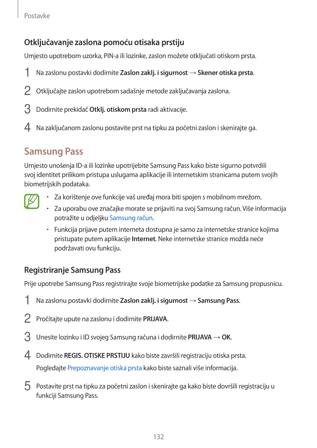 Samsung SM-A320FZBNSEE, SM-A520FZKASEE manual Otključavanje zaslona pomoću otisaka prstiju, Registriranje Samsung Pass 