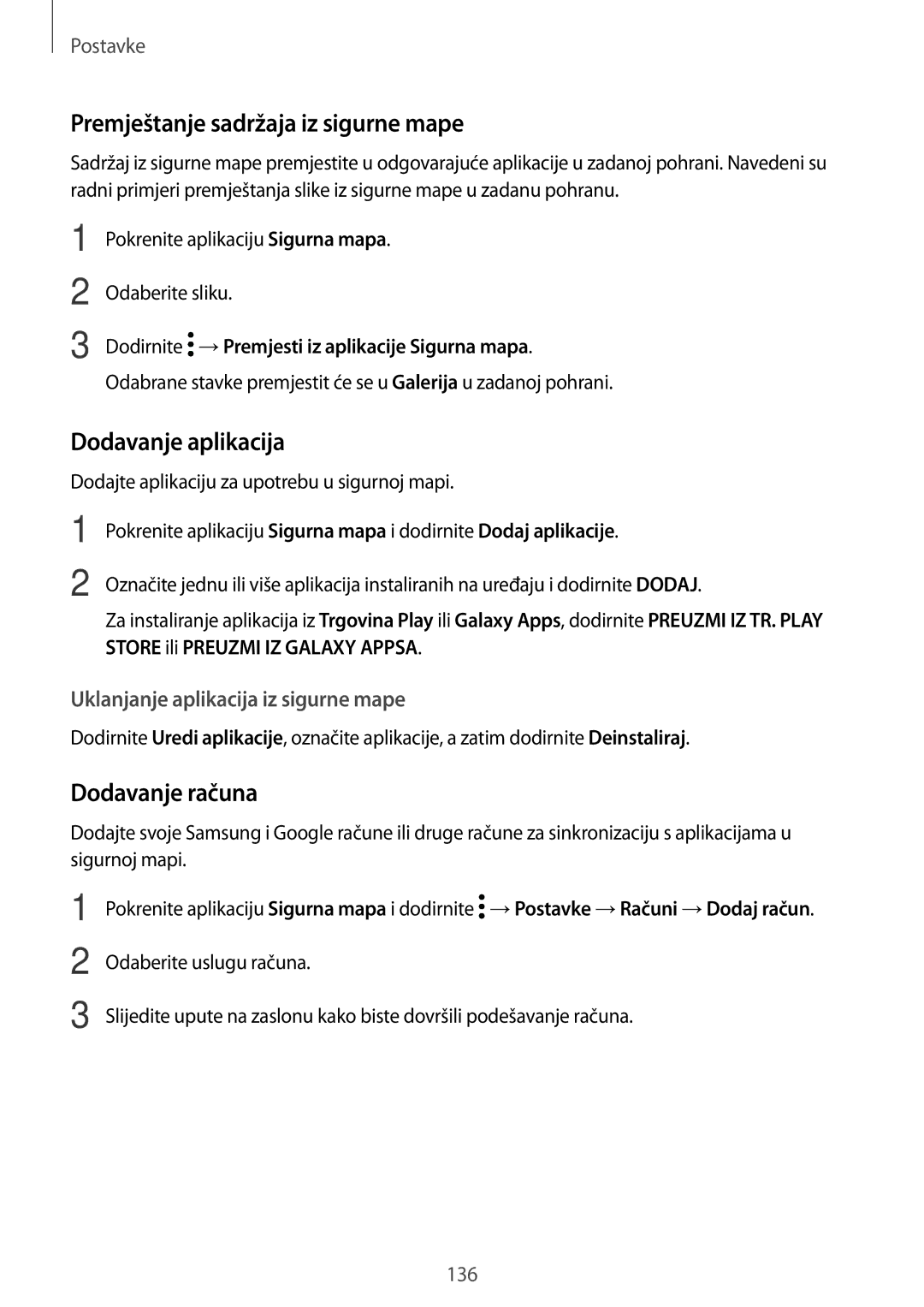 Samsung SM-A520FZKASEE, SM-A520FZIASEE manual Premještanje sadržaja iz sigurne mape, Dodavanje aplikacija, Dodavanje računa 