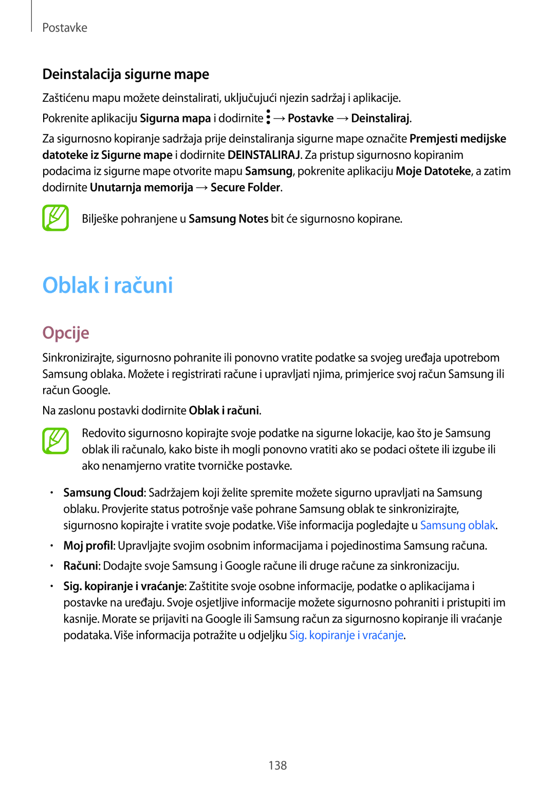 Samsung SM-A520FZBASEE, SM-A520FZKASEE, SM-A520FZIASEE, SM-A320FZKNSEE manual Oblak i računi, Deinstalacija sigurne mape 