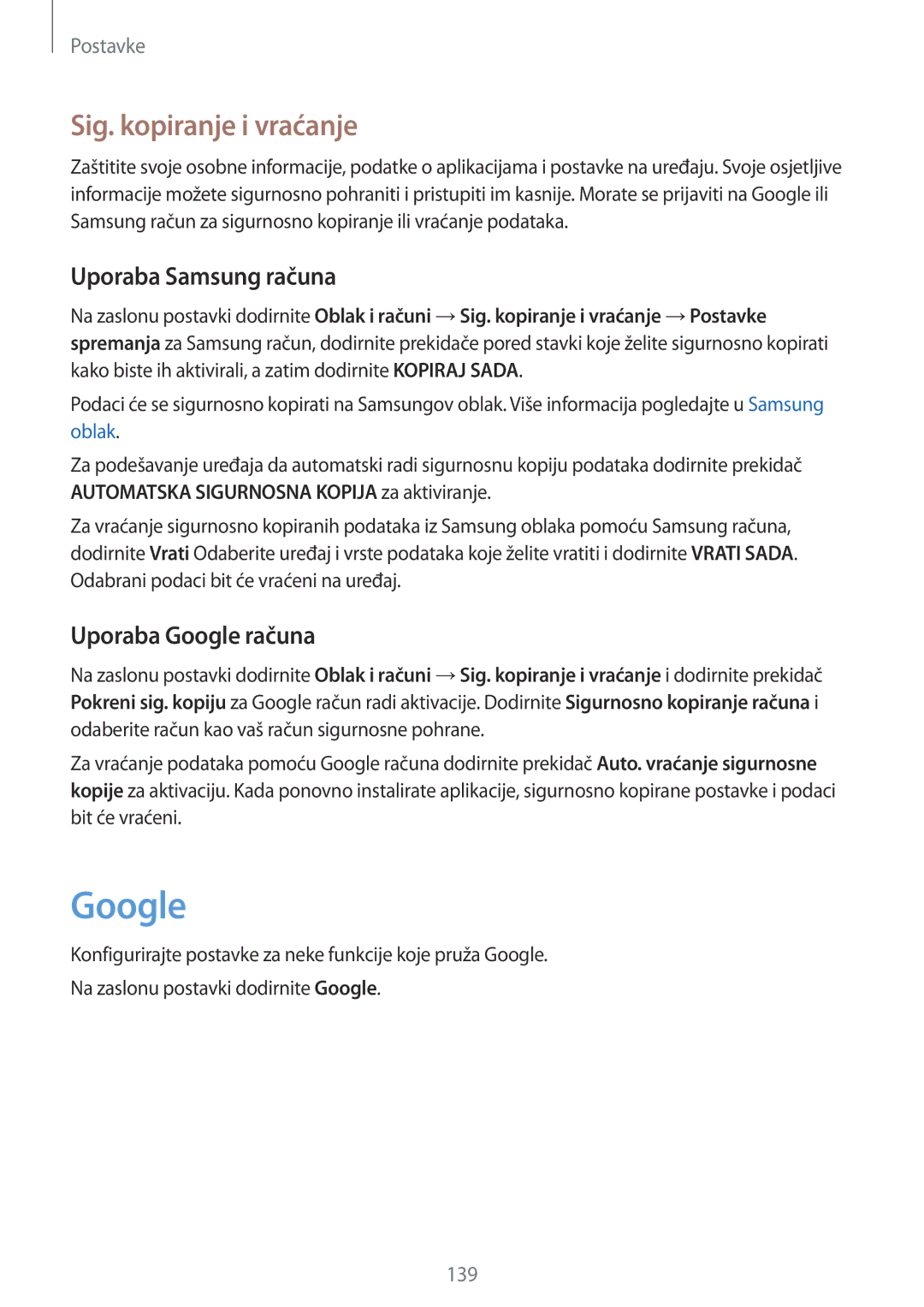 Samsung SM-A320FZKNSEE, SM-A520FZKASEE manual Sig. kopiranje i vraćanje, Uporaba Samsung računa, Uporaba Google računa 