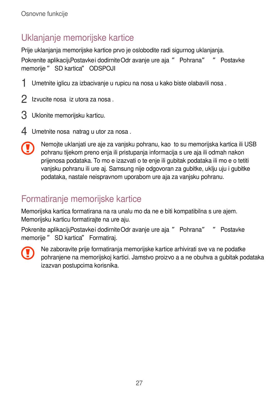 Samsung SM-A320FZKNSEE, SM-A520FZKASEE, SM-A520FZIASEE manual Uklanjanje memorijske kartice, Formatiranje memorijske kartice 