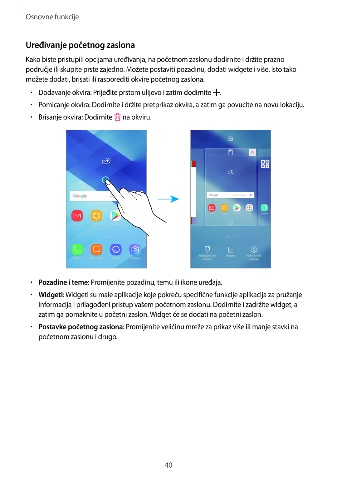 Samsung SM-A520FZKASEE manual Uređivanje početnog zaslona, Dodavanje okvira Prijeđite prstom ulijevo i zatim dodirnite 