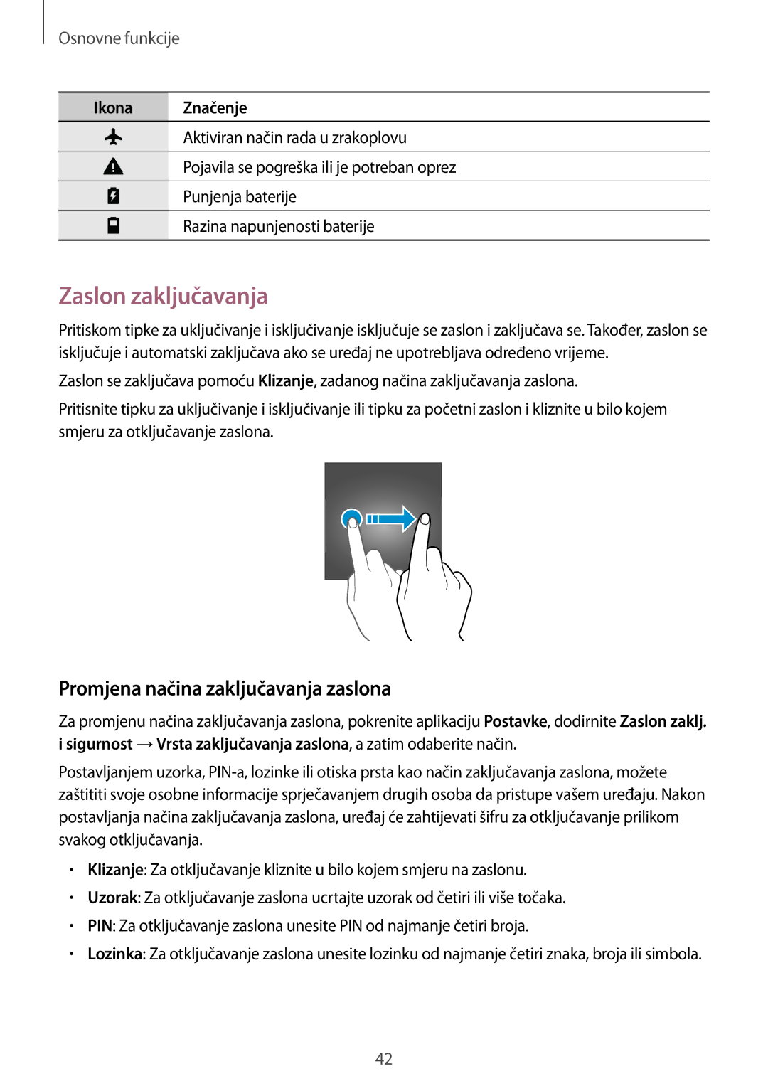 Samsung SM-A520FZBASEE, SM-A520FZKASEE, SM-A520FZIASEE manual Zaslon zaključavanja, Promjena načina zaključavanja zaslona 