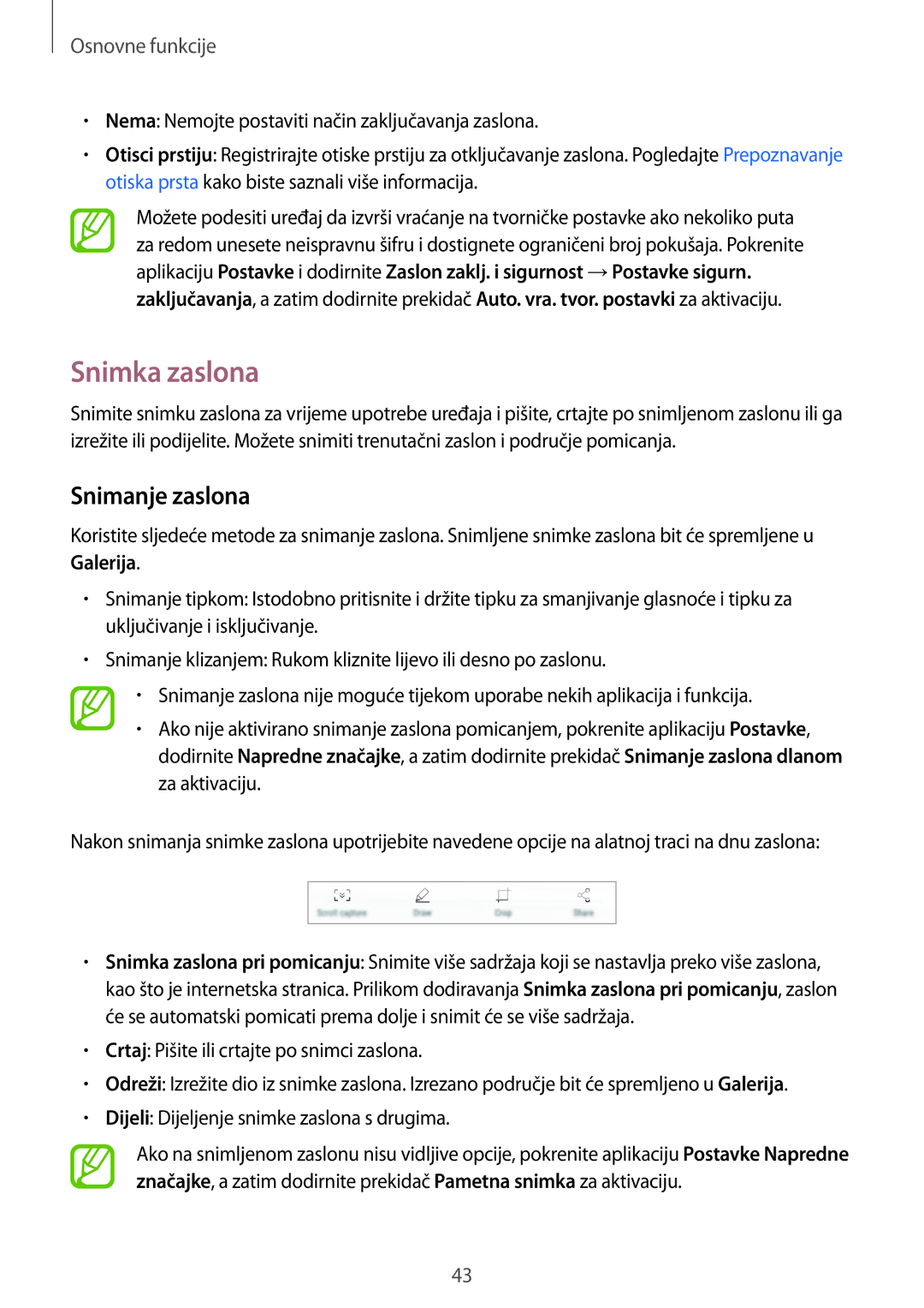 Samsung SM-A320FZKNSEE, SM-A520FZKASEE, SM-A520FZIASEE, SM-A520FZBASEE, SM-A320FZBNSEE manual Snimka zaslona, Snimanje zaslona 