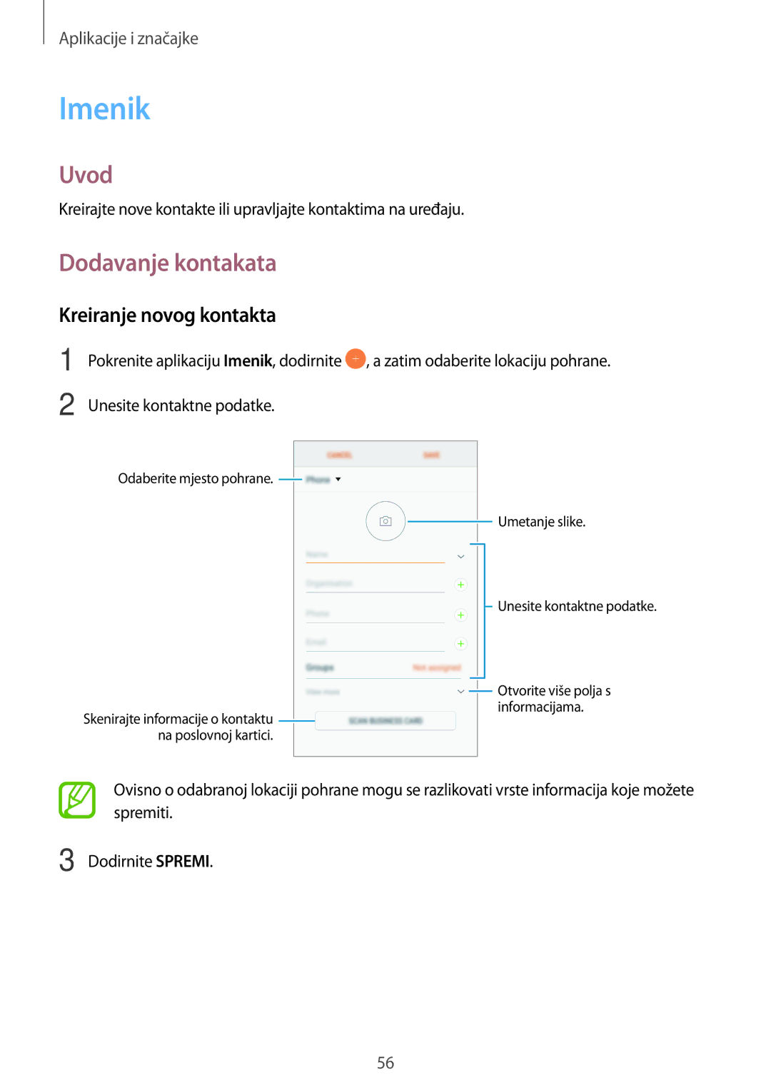 Samsung SM-A520FZKASEE, SM-A520FZIASEE, SM-A520FZBASEE, SM-A320FZKNSEE Imenik, Dodavanje kontakata, Kreiranje novog kontakta 