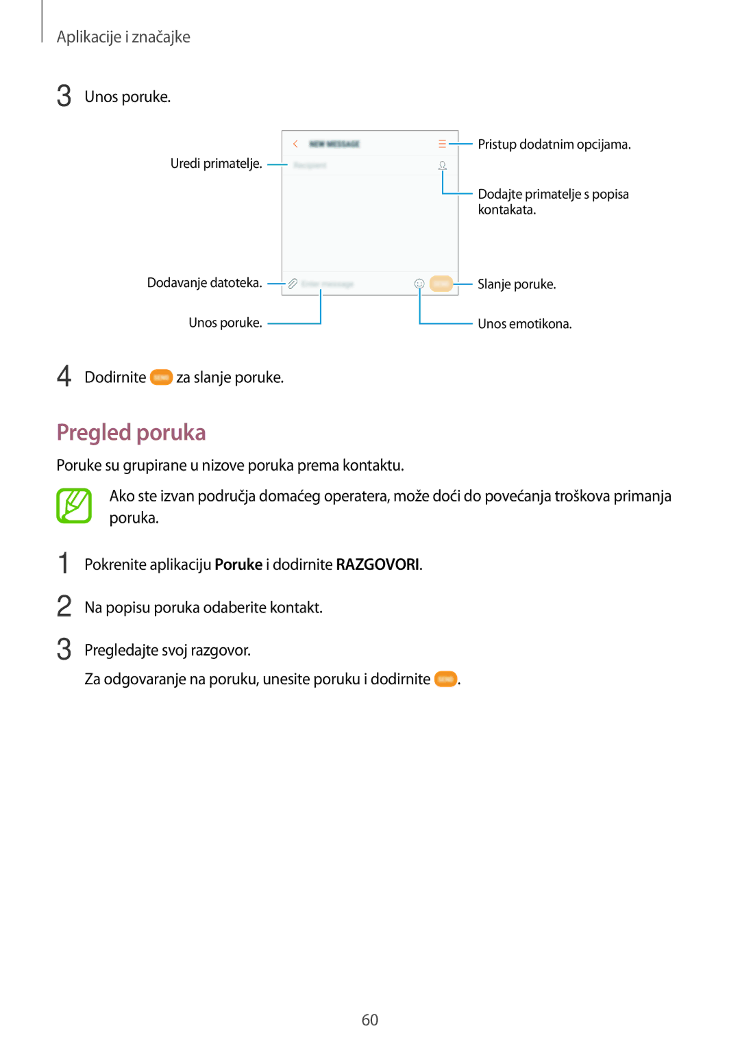 Samsung SM-A320FZBNSEE, SM-A520FZKASEE, SM-A520FZIASEE, SM-A520FZBASEE, SM-A320FZKNSEE manual Pregled poruka, Unos poruke 