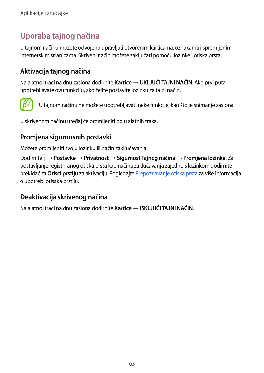 Samsung SM-A320FZINSEE, SM-A520FZKASEE manual Uporaba tajnog načina, Aktivacija tajnog načina, Promjena sigurnosnih postavki 