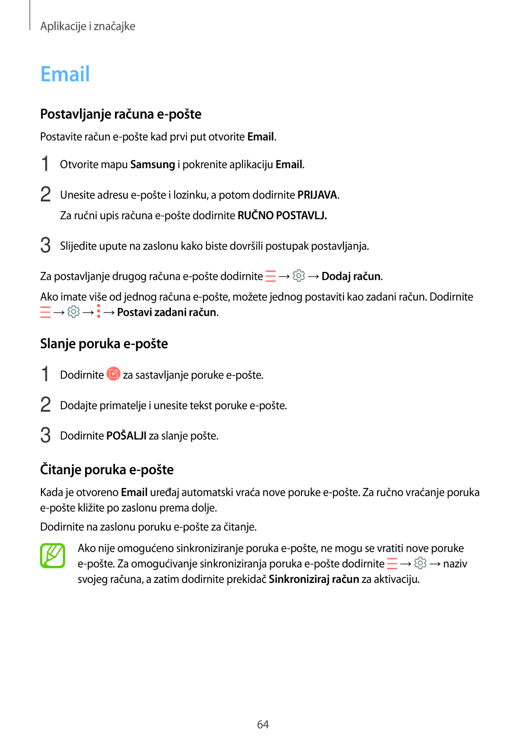 Samsung SM-A520FZKASEE, SM-A520FZIASEE manual Postavljanje računa e-pošte, Slanje poruka e-pošte, Čitanje poruka e-pošte 