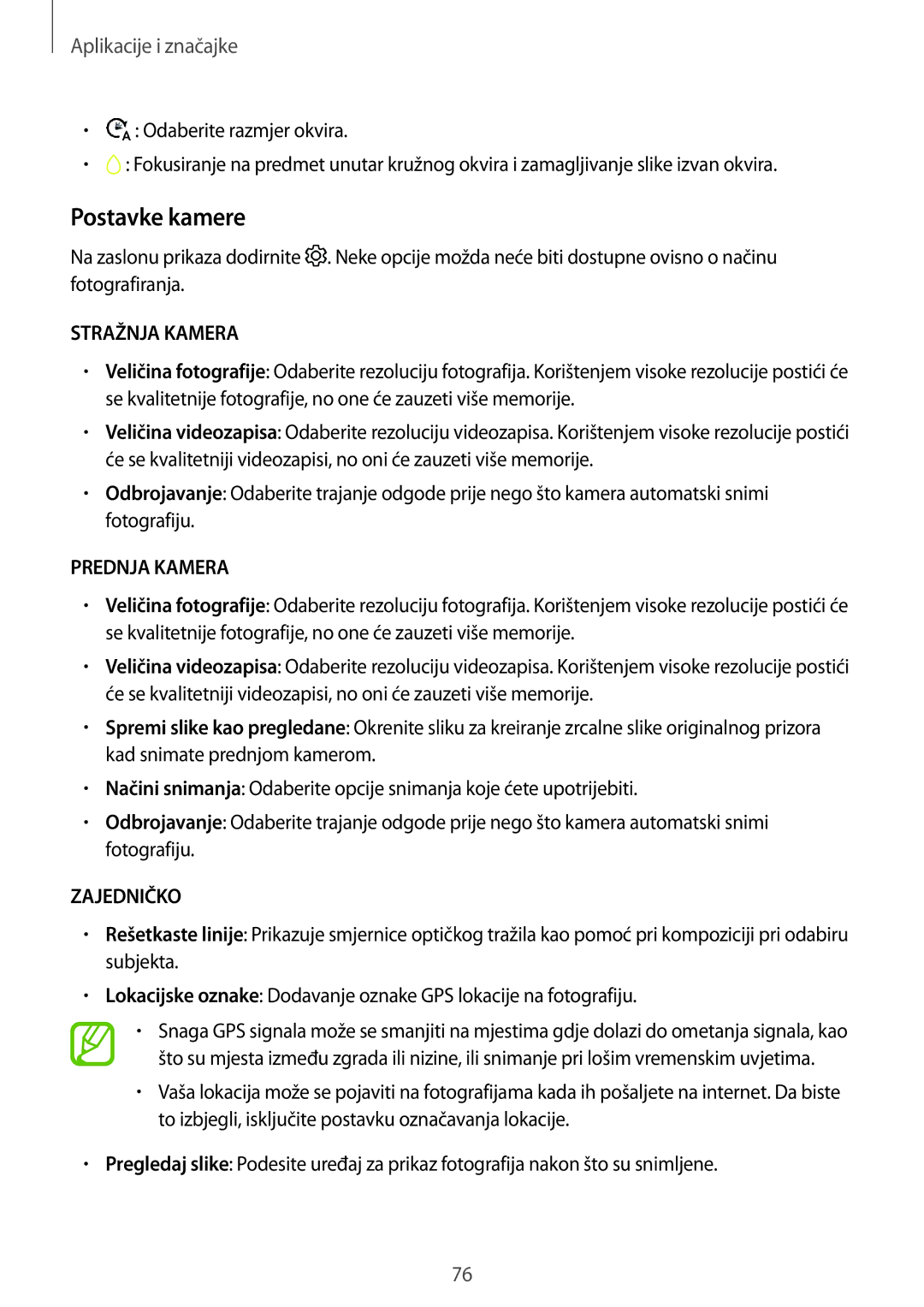 Samsung SM-A320FZBNSEE, SM-A520FZKASEE, SM-A520FZIASEE, SM-A520FZBASEE, SM-A320FZKNSEE manual Postavke kamere, Stražnja Kamera 