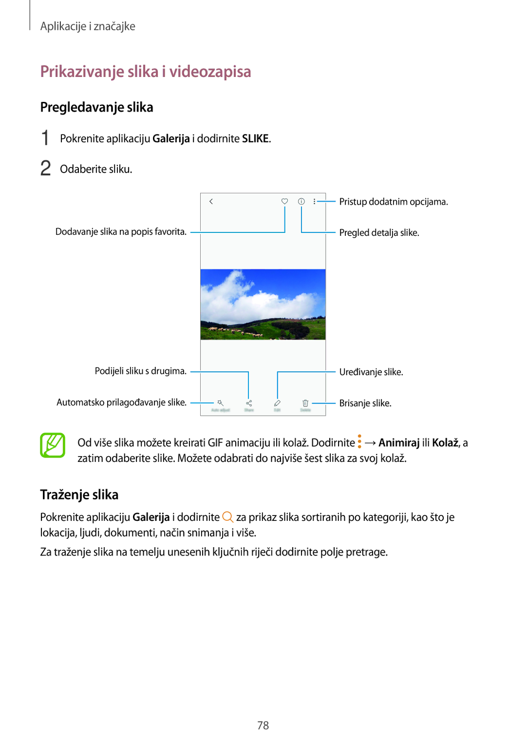 Samsung SM-A320FZDNSEE, SM-A520FZKASEE manual Prikazivanje slika i videozapisa, Pregledavanje slika, Traženje slika 