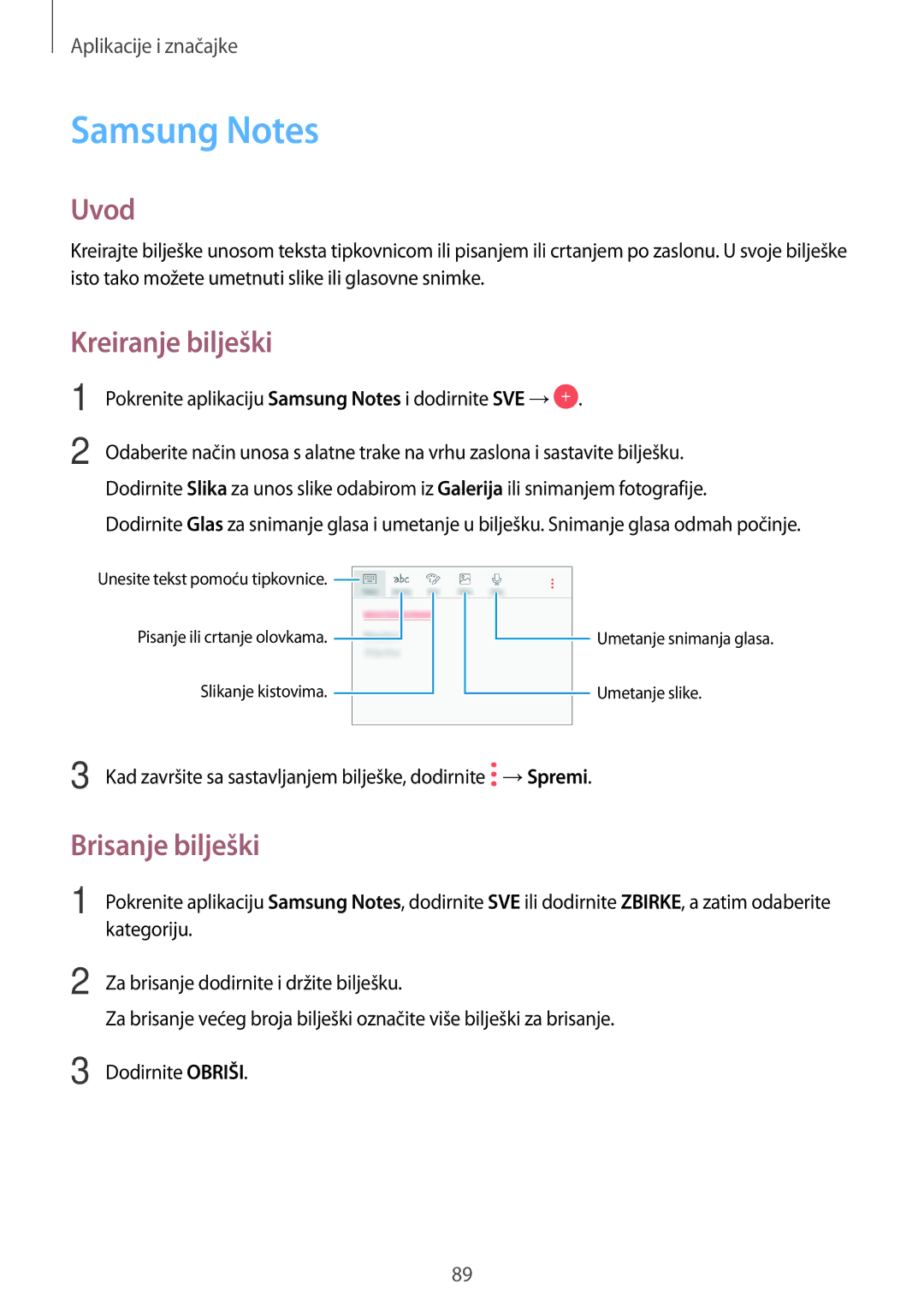 Samsung SM-A520FZIASEE, SM-A520FZKASEE, SM-A520FZBASEE, SM-A320FZKNSEE Samsung Notes, Kreiranje bilješki, Brisanje bilješki 