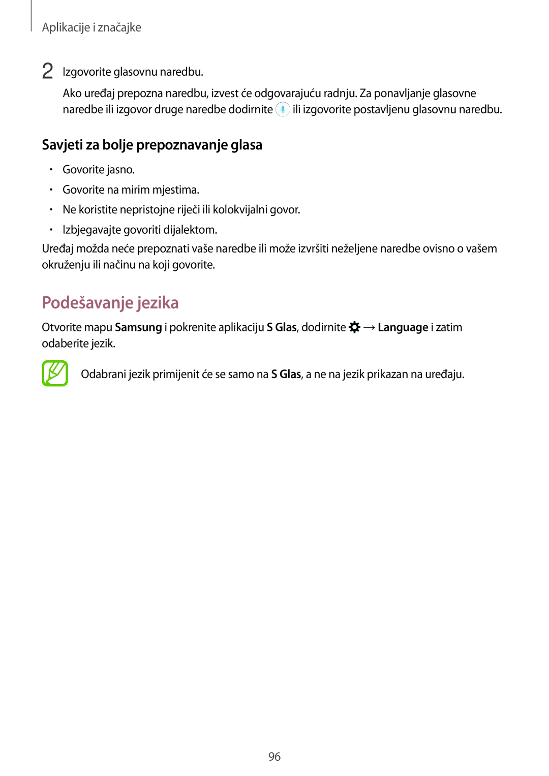 Samsung SM-A520FZKASEE, SM-A520FZIASEE, SM-A520FZBASEE manual Podešavanje jezika, Savjeti za bolje prepoznavanje glasa 