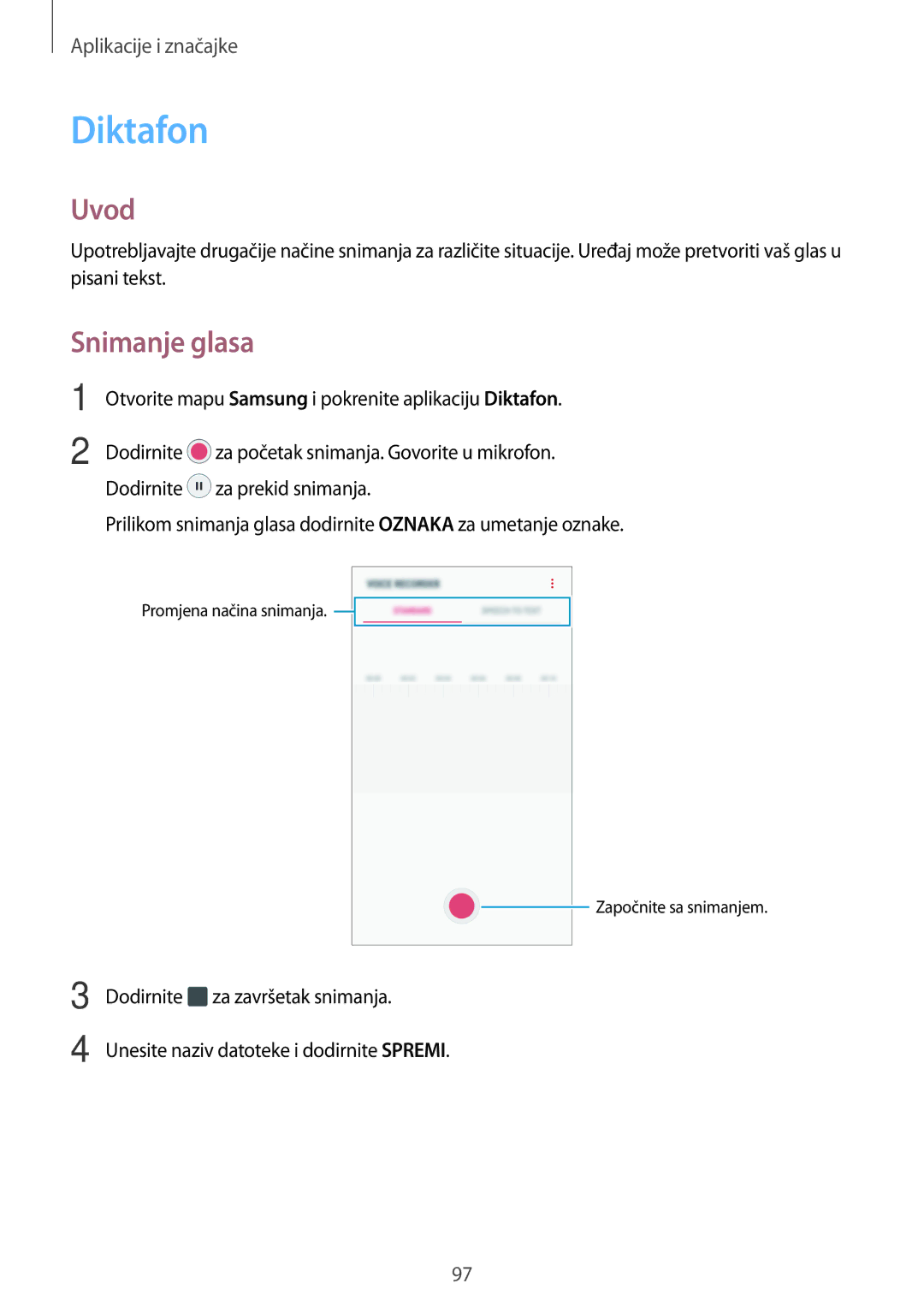 Samsung SM-A520FZIASEE, SM-A520FZKASEE, SM-A520FZBASEE, SM-A320FZKNSEE, SM-A320FZBNSEE manual Diktafon, Snimanje glasa 